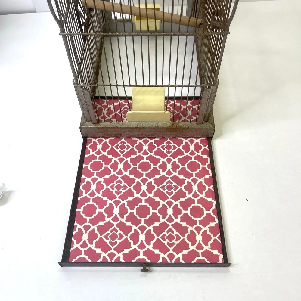 Vintage CROWN Wire Bird Cage w Original Feeder Trays &‎ Slide Tray Hang Hook